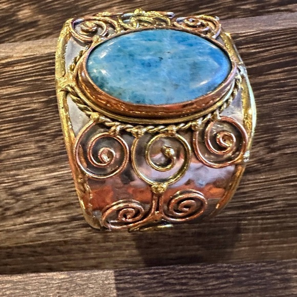 Artisan-Made 2-inch Wide Cuff Bracelet with Apatite Stone and Mixed Metals, Adj - Picture 8 of 12